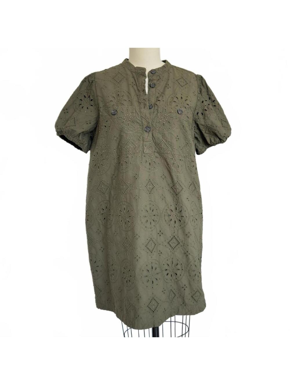 Gap Olive Green Eyelet Cotton Shift Dress Puff Sleeve Button Front XL